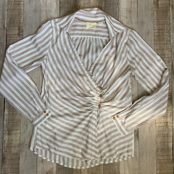 Anthropologie Maeve Mauve Ivory Surplice Wrap Draped Long Sleeve Blouse Shirt 4 - Picture 11 of 14